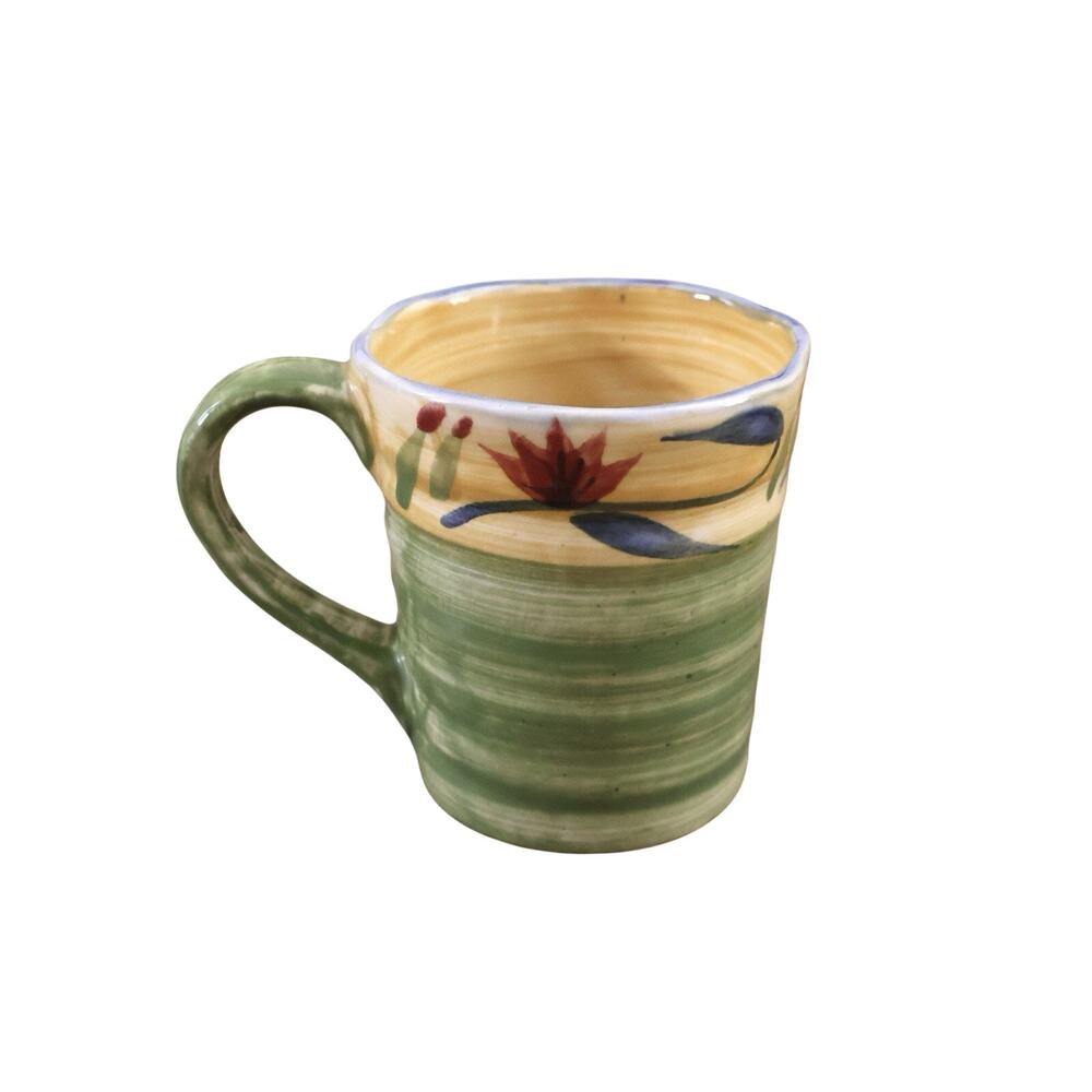 Pier 1 Hand Painted Floral Green Yellow Stoneware Elizabeth Coffee Mug